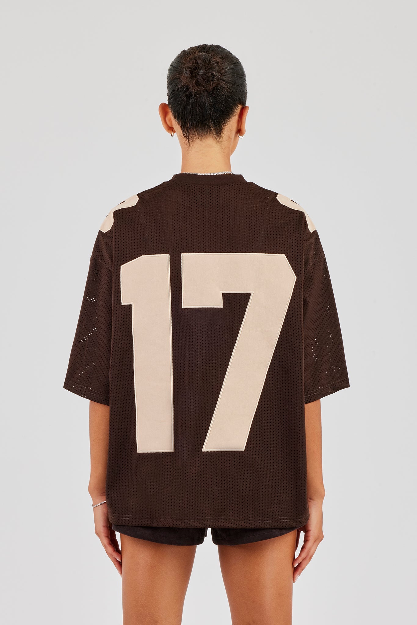 Mesh Denim Applique Football Top - Chocolate